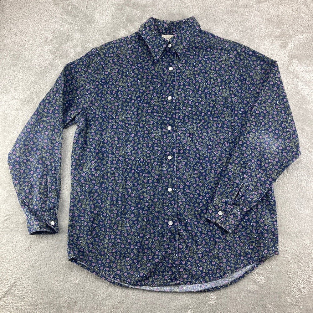 Vintage Lemon Grass Shirt Womens S Pearl Snap Blue Floral Cotton Long Sleeve